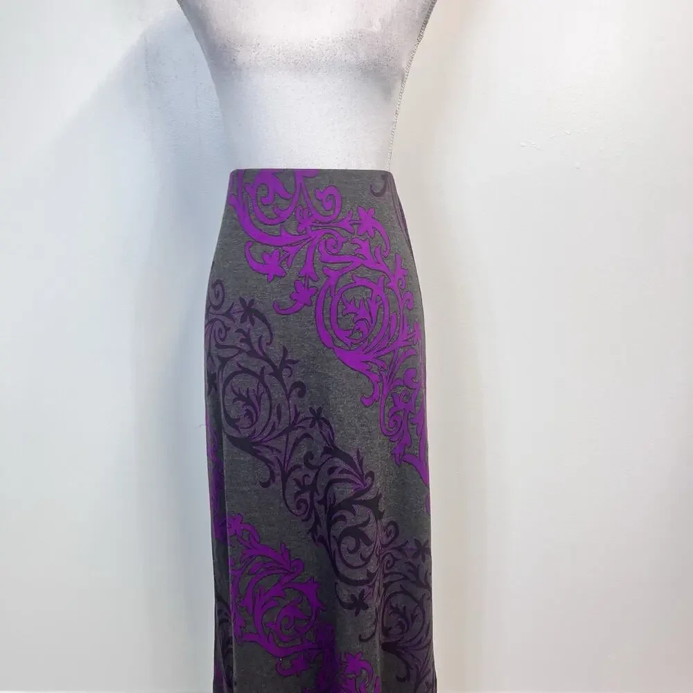 ECI New York Skirt size Small Purple Gray Floral Long Maxi A Line Stretch Modest - Picture 3 of 9